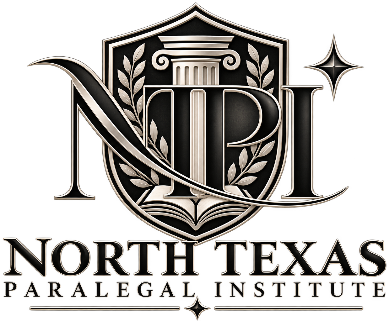 North Texas Paralegal Institute crest and wordmark featuring a column, laurels, and an open book